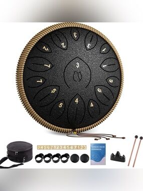 Black Steel Tongue Drum Set with Carry Case and Accessories